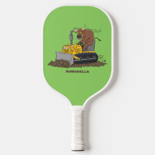 Funny bull driving bulldozer cartoon  pickleball paddle