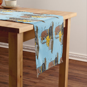 Funny bull driving bulldozer cartoon short table runner