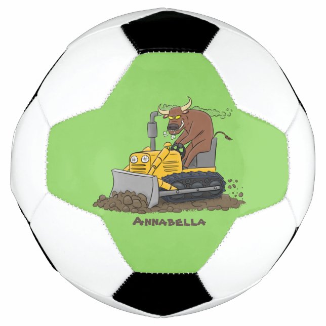 Funny bull driving bulldozer cartoon soccer ball (Front)