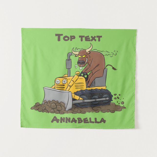 Funny bull driving bulldozer cartoon tapestry (Front (Horizontal))