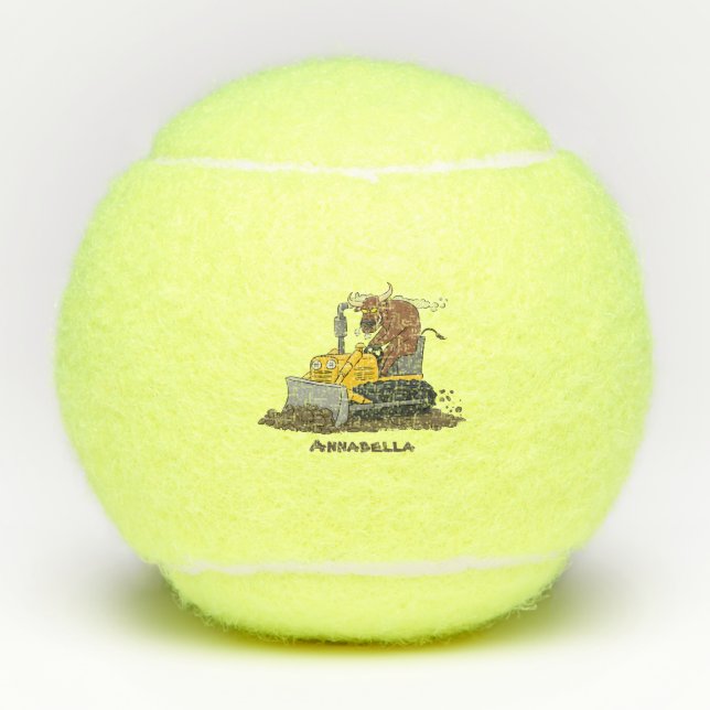 Funny bull driving bulldozer cartoon tennis balls (Front)