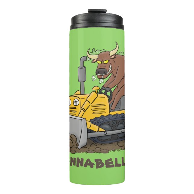 Funny bull driving bulldozer cartoon thermal tumbler (Front)