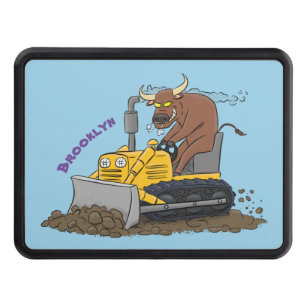 Funny bull driving bulldozer cartoon trailer hitch cover