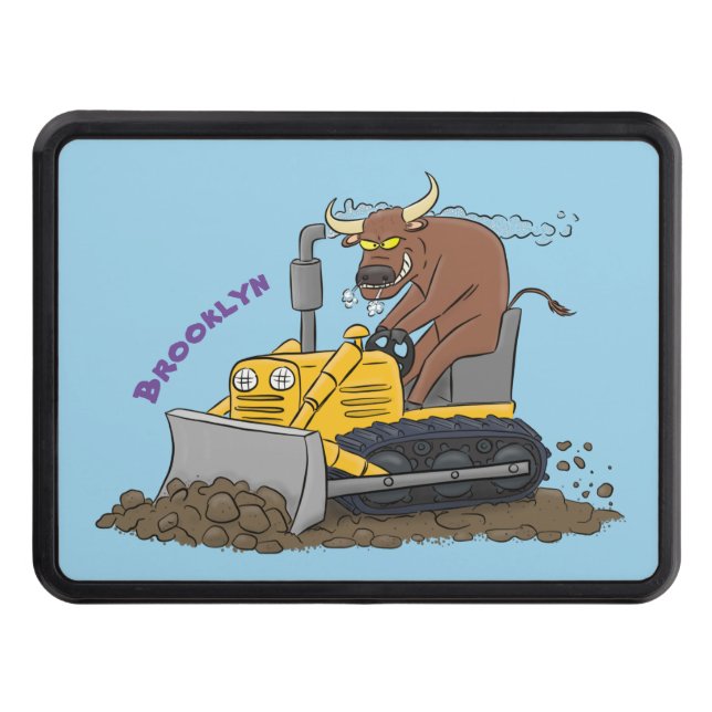 Funny bull driving bulldozer cartoon trailer hitch cover (Front)
