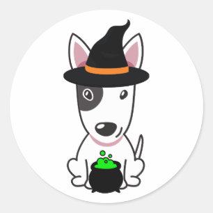 Funny bull terrier dog is a witch classic round sticker