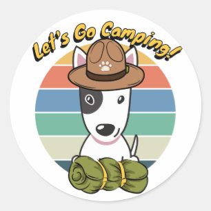 Funny bull terrier dog wants to go camping classic round sticker