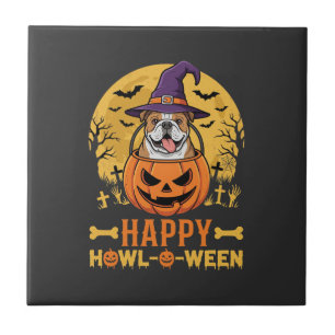 Funny Bulldog Halloween Happy Howl-O-Ween Vintage  Tile