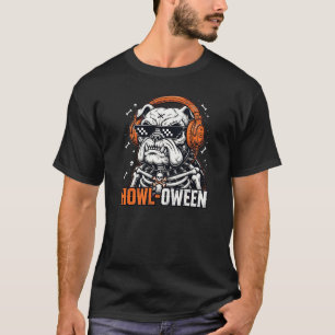 Funny Bulldog Halloween Skeleton Howl-Oween DJ Dog T-Shirt
