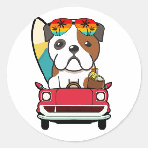 Funny BullDog is driving to the beach Classic Round Sticker