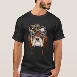 Funny BullDog Wearing Steampunk Aviator Helmet   T-Shirt