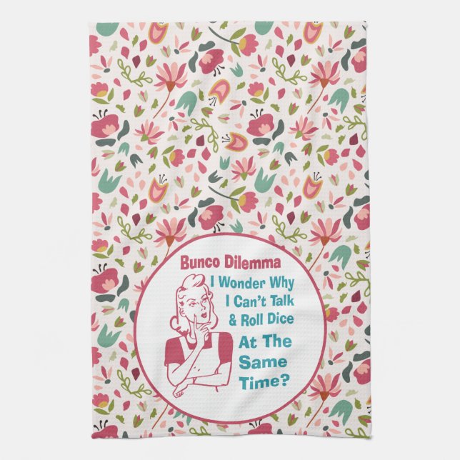 Funny Bunco Dilemma Retro Floral Kitchen Towel (Vertical)