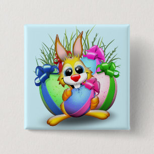 Funny Bunny biting an Easter Egg 2 Inch Square Button