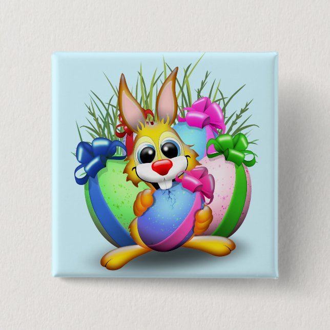 Funny Bunny biting an Easter Egg 2 Inch Square Button (Front)
