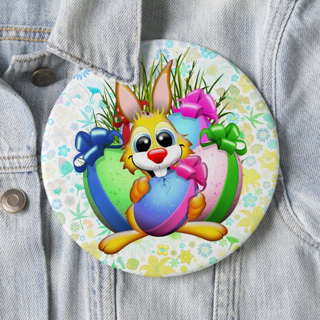 Funny Bunny biting an Easter Egg 6 Inch Round Button (In Situ)