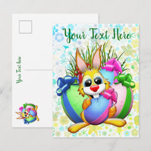 Funny Bunny biting an Easter Egg Announcement Postcard