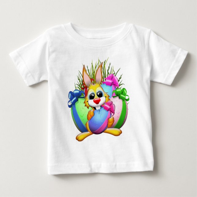 Funny Bunny biting an Easter Egg Baby T-Shirt (Front)
