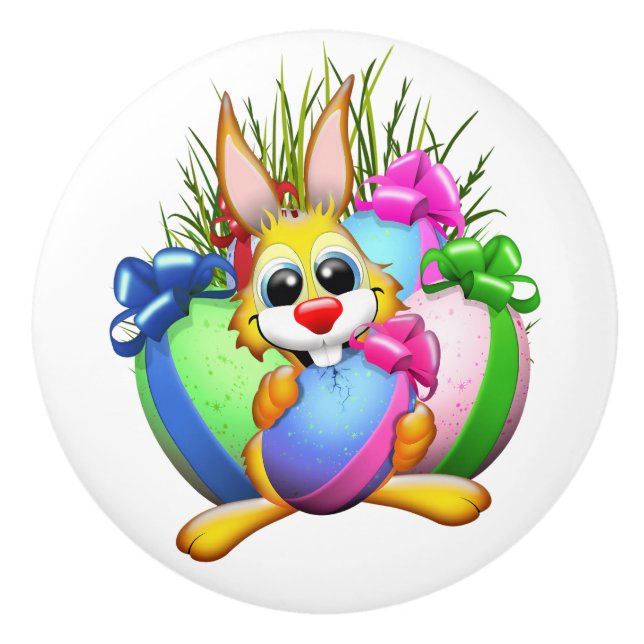 Funny Bunny biting an Easter Egg Ceramic Knob (Front)