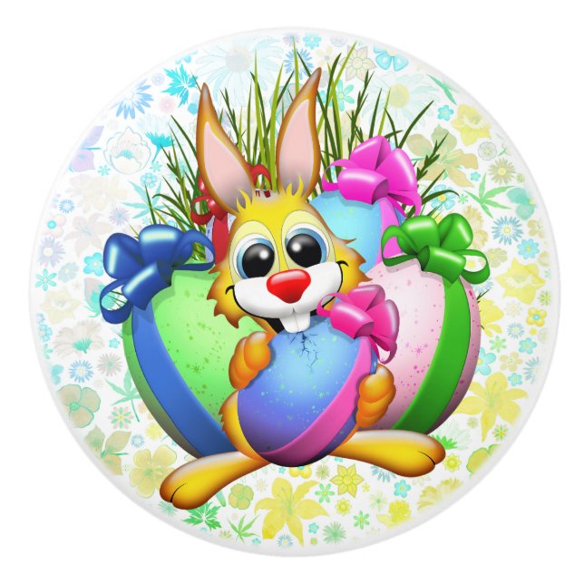 Funny Bunny biting an Easter Egg Ceramic Knob (Front)