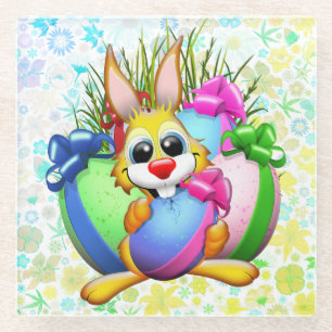 Funny Bunny biting an Easter Egg Glass Coaster