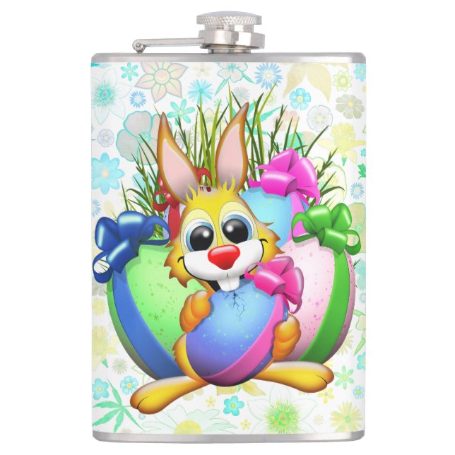 Funny Bunny biting an Easter Egg Hip Flask (Front)