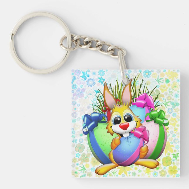 Funny Bunny biting an Easter Egg Keychain (Front)