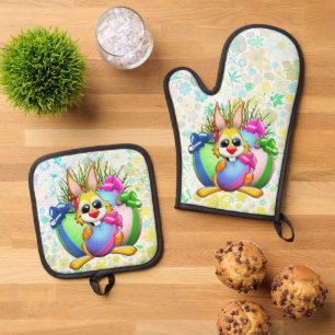 Funny Bunny biting an Easter Egg Oven Mitt & Pot Holder Set