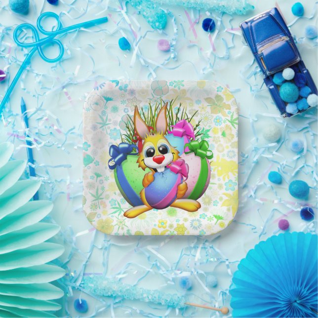 Funny Bunny biting an Easter Egg Paper Plate (Party)
