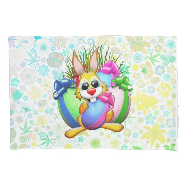 Funny Bunny biting an Easter Egg Pillowcase (Front)