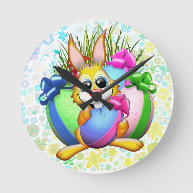 Funny Bunny biting an Easter Egg Round Clock (Front)