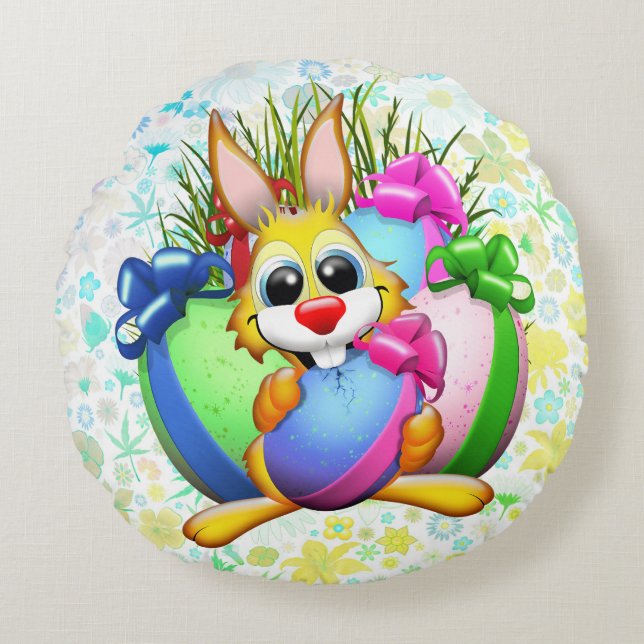 Funny Bunny biting an Easter Egg Round Pillow (Front)