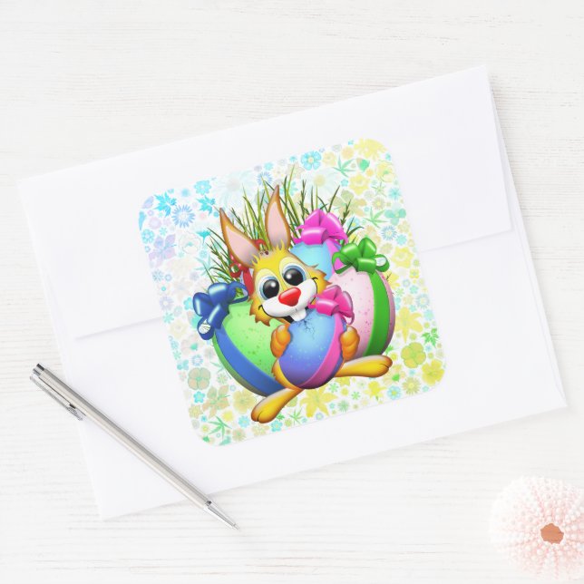 Funny Bunny biting an Easter Egg Square Sticker (Envelope)