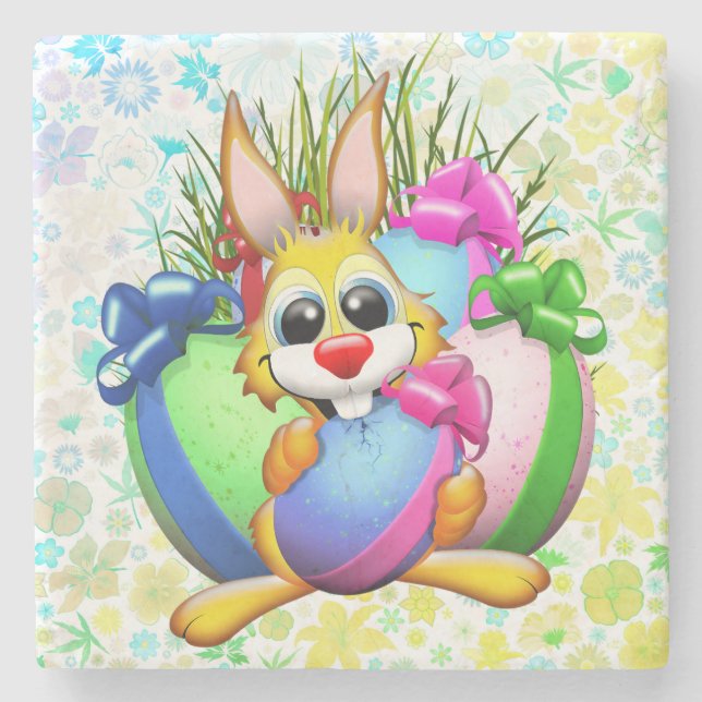 Funny Bunny biting an Easter Egg Stone Coaster (Front)