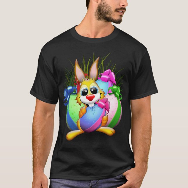 Funny Bunny biting an Easter Egg T-Shirt (Front)