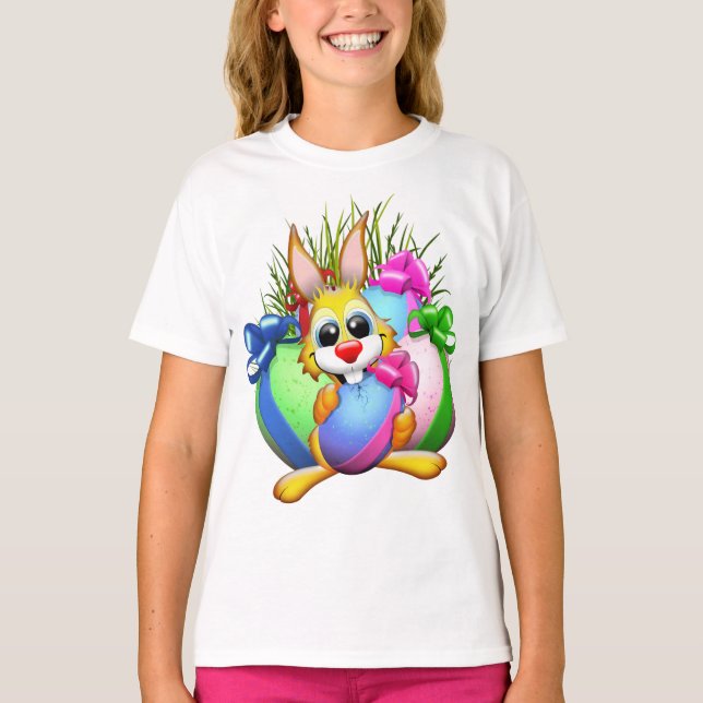 Funny Bunny biting an Easter Egg T-Shirt (Front)