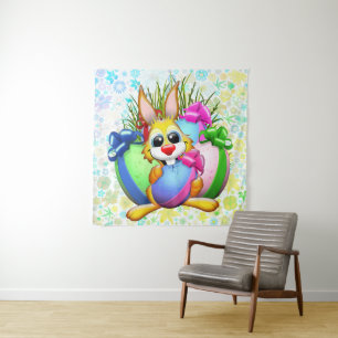 Funny Bunny biting an Easter Egg Tapestry