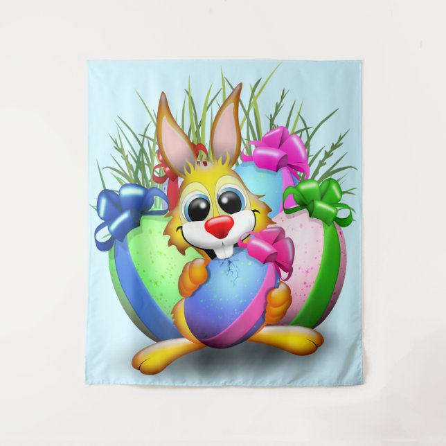 Funny Bunny biting an Easter Egg Tapestry (Front)