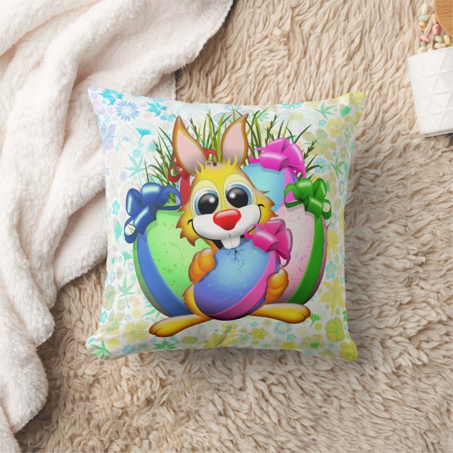 Funny Bunny biting an Easter Egg Throw Pillow (Blanket)