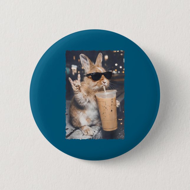 Funny bunny drinking iced coffee funny easter day  2 inch round button (Front)