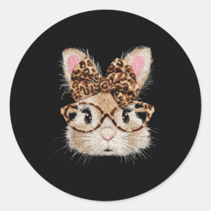 Funny bunny face glasses bandana leopard rabbit classic round sticker