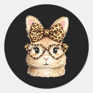 Funny bunny face glasses bandana leopard rabbit classic round sticker