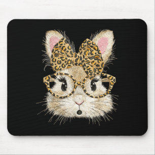 Funny bunny face glasses bandana leopard rabbit mouse pad