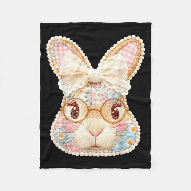 Funny bunny face glasses floral patchwork rabbit fleece blanket (Front)