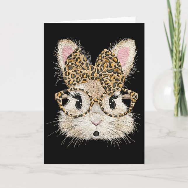 Funny Bunny Face Gles Coquette Bow Leopard Rabbit  Card (Front)