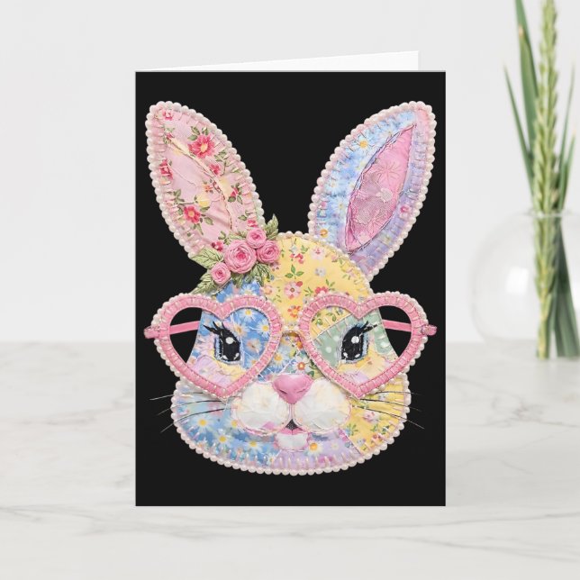 Funny Bunny Face Gles Floral Patchwork Rabbit East Card (Front)