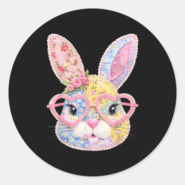 Funny Bunny Face Gles Floral Patchwork Rabbit East Classic Round Sticker (Front)