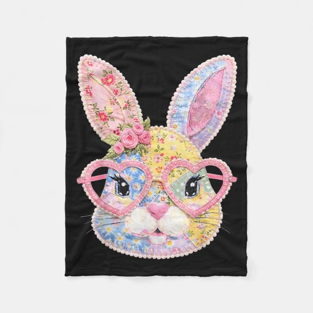 Funny Bunny Face Gles Floral Patchwork Rabbit East Fleece Blanket (Front)