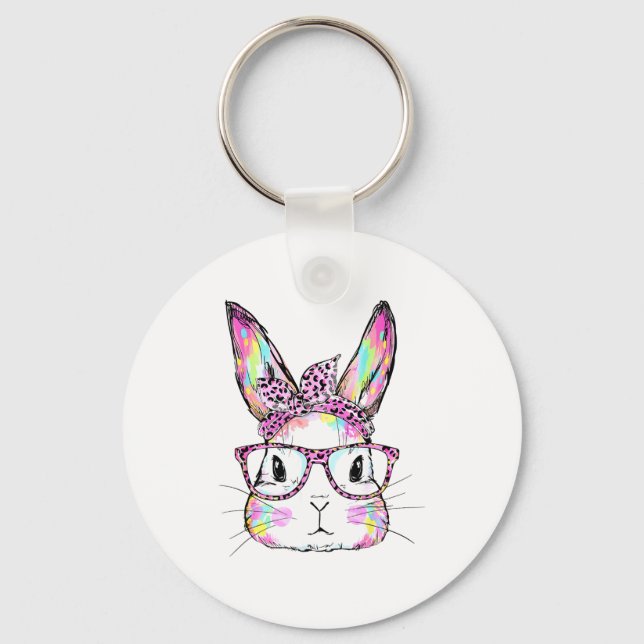 Funny Bunny Face Gles Rabbit Coquette Bow Happy Ea Keychain (Front)