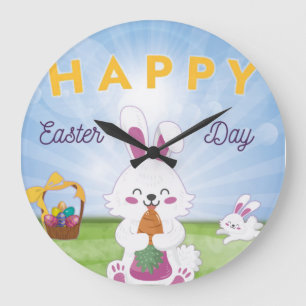 Funny Bunny Happy Easter Day Large Clock