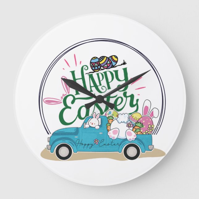 Funny Bunny Happy Easter Day Large Clock (Front)