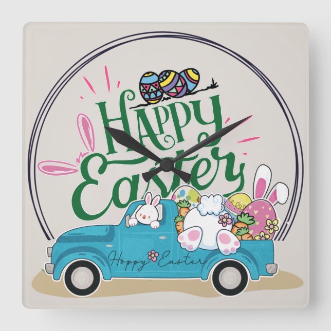 Funny Bunny Happy Easter Day Square Wall Clock (Front)